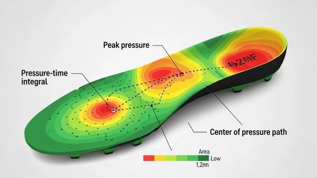 Clean educational graphic showing an in-shoe pressure heatmap on an insole