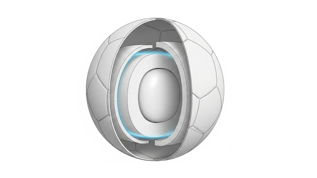 Soccer ball layer diagram emphasizing outer cover as a protective layer over foam and bladder.