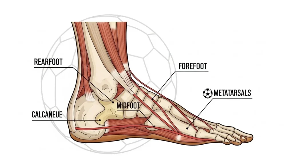 Detailed but simple anatomy illustration of the plantar foot showing heel, arch, metatarsals, hallux, and plantar fascia line, labeled zones “rearfoot, midfoot, forefoot,” soccer-focused, white background