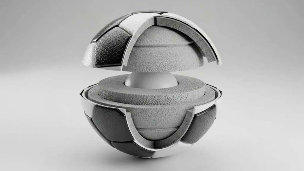 Cutaway view of a soccer ball showing cover, foam layers, and inner bladder.