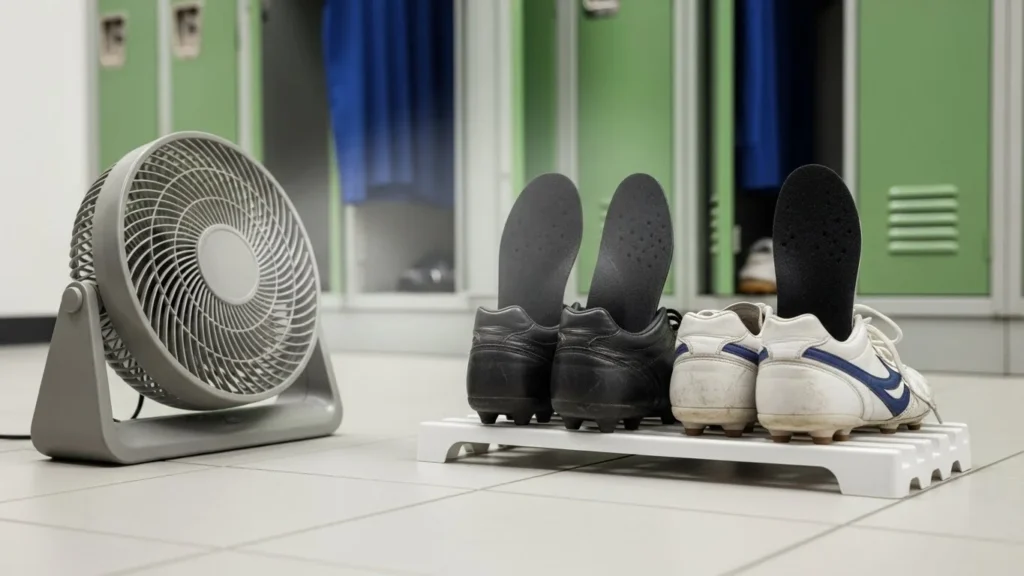 Locker room drying setup soccer boots with insoles removed, placed near airflow (not heat), realistic lifestyle photo, tidy scene.