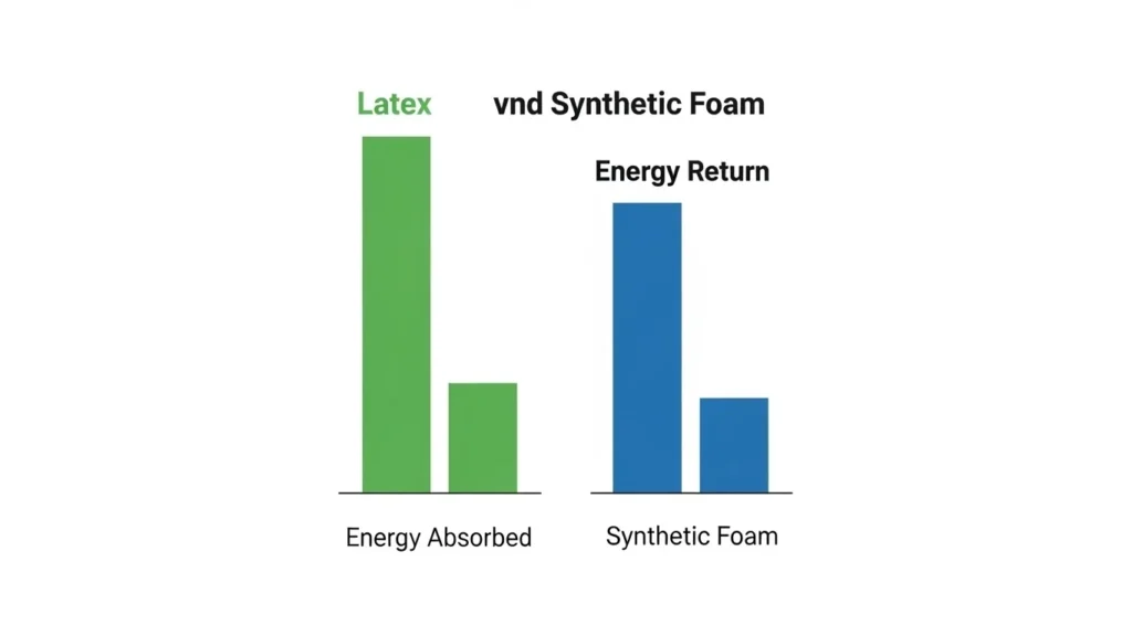 Simple comparison chart showing higher energy absorption and lower energy return for latex versus synthetic foams.