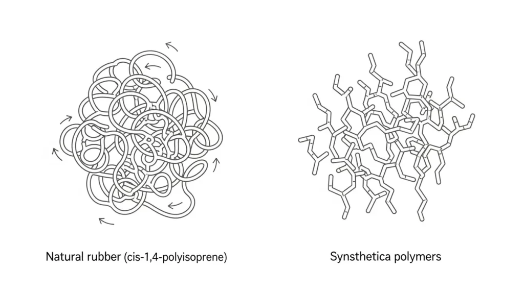 Comparison of flexible natural rubber polymer chains versus more constrained synthetic polymer chains.