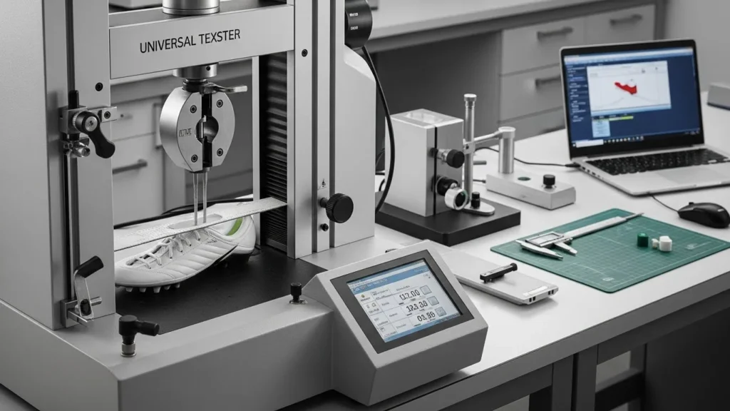 Realistic lab scene with a universal tensile tester pulling a boot upper strip specimen, clean industrial lighting, sharp focus.