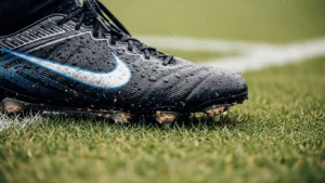 Realistic phone photo of an elite soccer boot on short grass after a rainy match, water droplets on the upper,