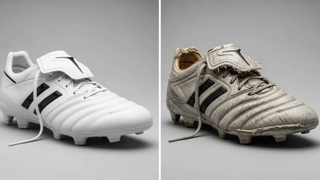 Soccer boot before-and-after comparison, realistic phone photo, same model new vs worn, toe box creases and slight sole edge lift highlighted, neutral background.