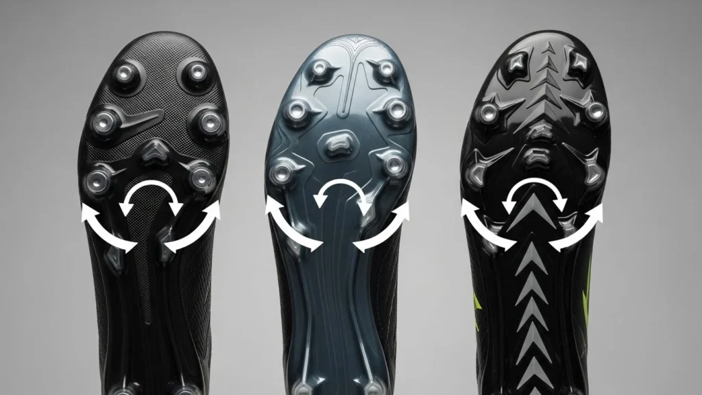 Top-down outsole comparison of three soccer cleat stud patterns (round, mildly aggressive, very aggressive) on a neutral background, arrows indicating rotation resistance, crisp studio lighting, realistic product photo look