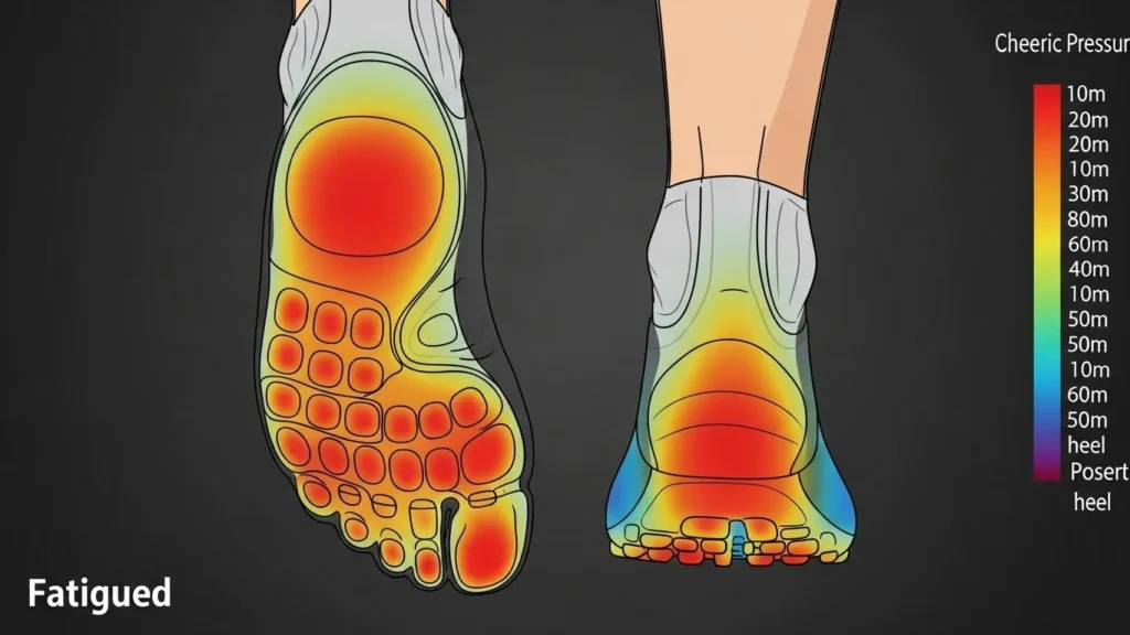 Two side-by-side insole pressure maps labeled “Fresh (0–15 min)” and “Fatigued (75–90 min)” with forefoot hot spots changing and heel load increasing, soccer running and cutting context, clean infographic style